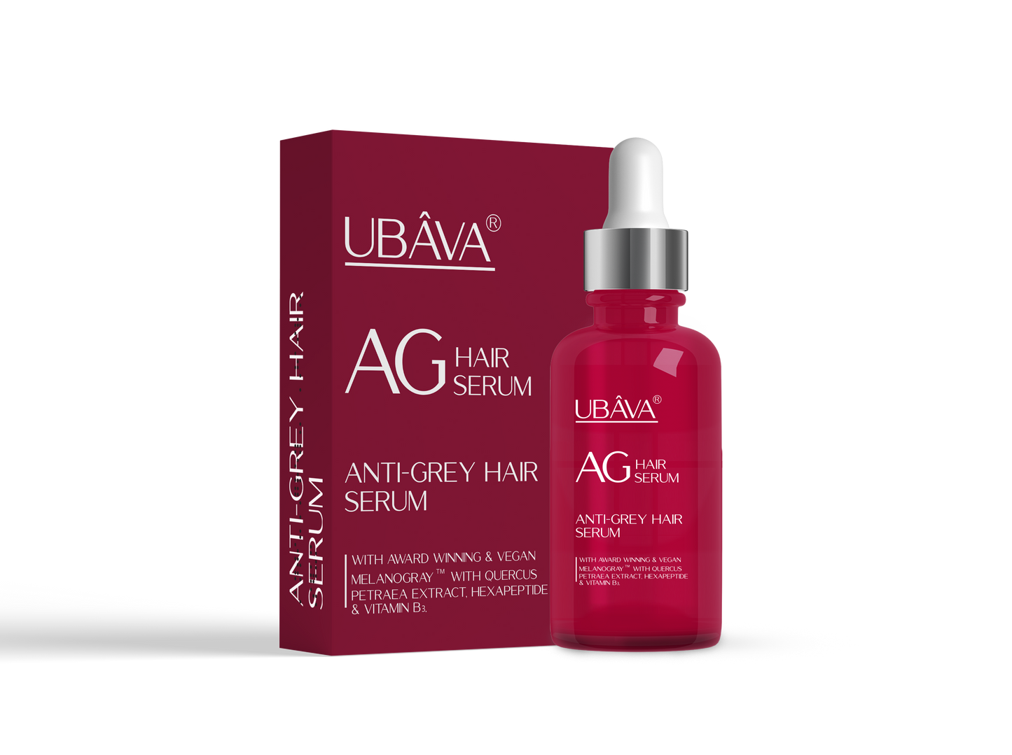 UBÂVA® AG Hair Serum Anti-Gray Hair Formulation.